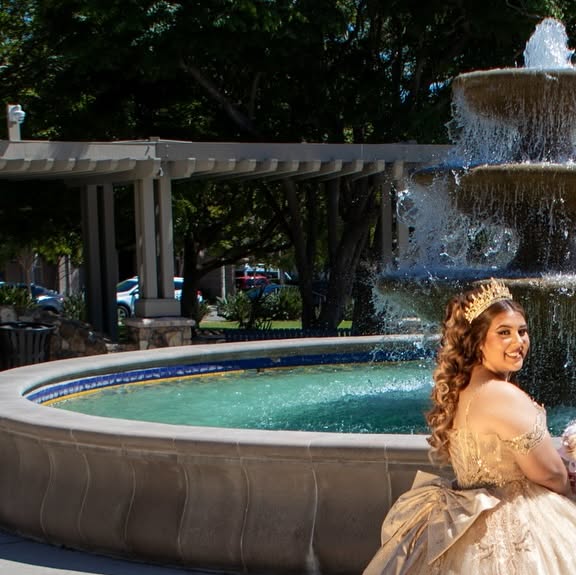 Formal gown by the fountain — Anatra Photography